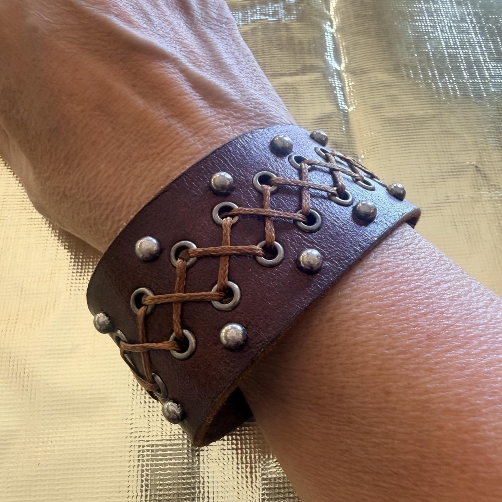 Brown Leather Wide Cuff Bracelet 8.5 Inch Studded Lace Up Snap Biker Punk Rivets